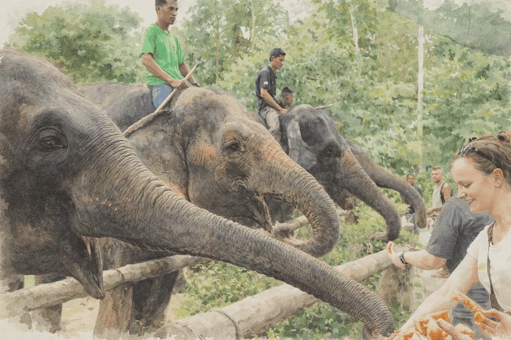 Illustration of elephants feeding activity